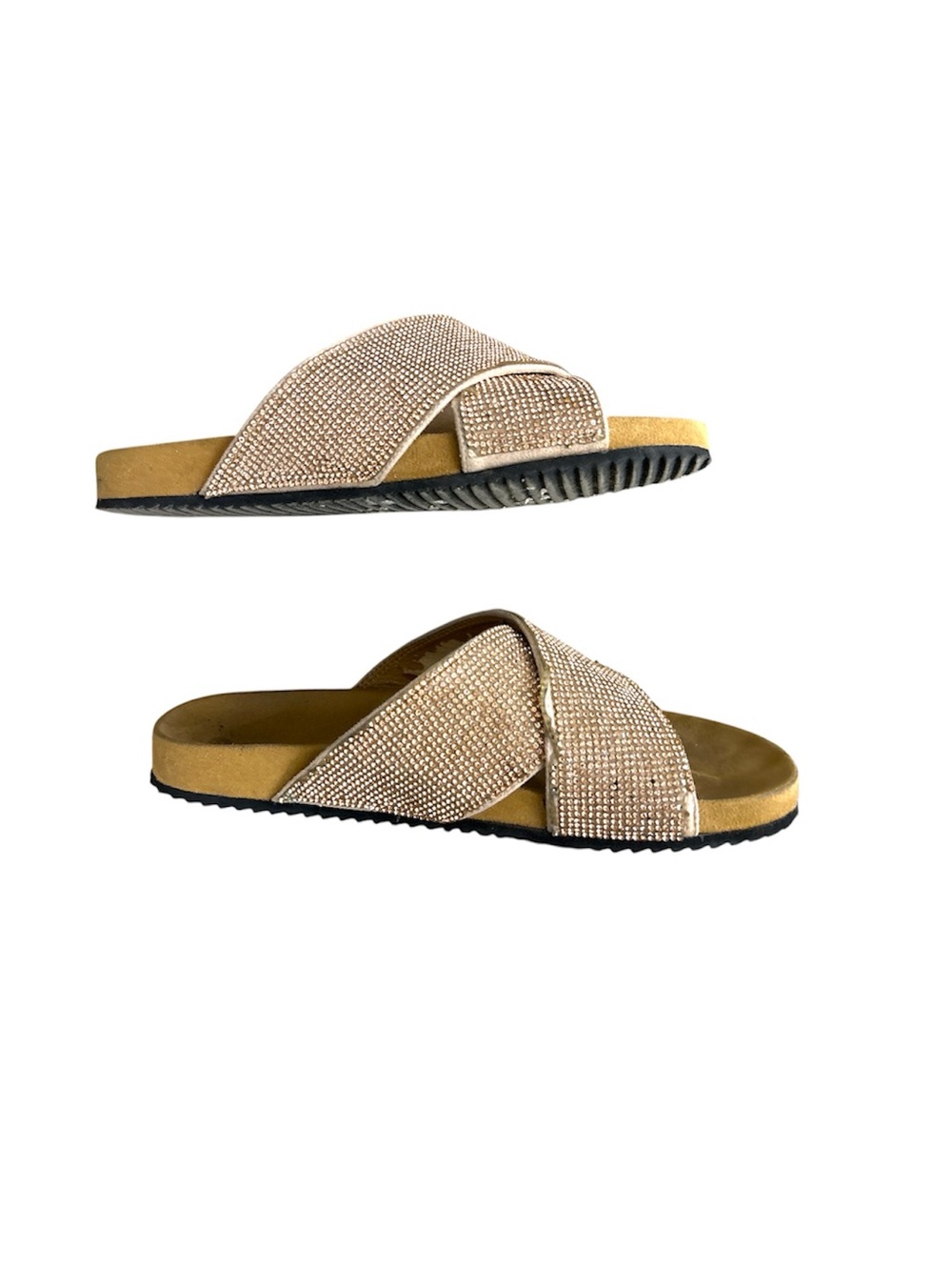 Metallic rose gold shimmer slip-on sandals by Let's See Style 10